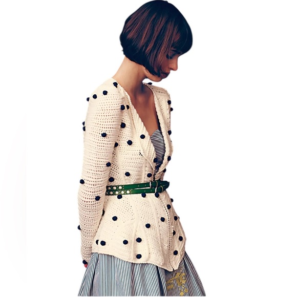 Moth Jackets & Blazers - ANTHROPOLOGIE MOTH POMPOM Cream Black Polka Dot Zippered Jacket Sweater Cardigan